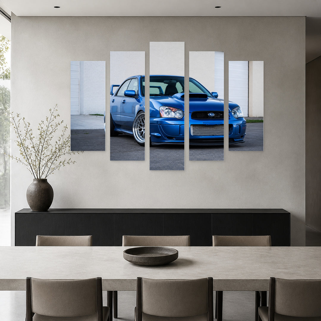 Subaru Impreza Blue Motion Study — five-panel wall art in alternate frontal interior | 5wallart 56009 M4