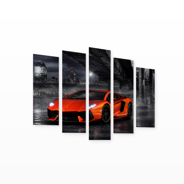 Lamborghini Aventador with Dramatic Contrast — five-panel wall art on white background in perspective | 5wallart 56021 M1