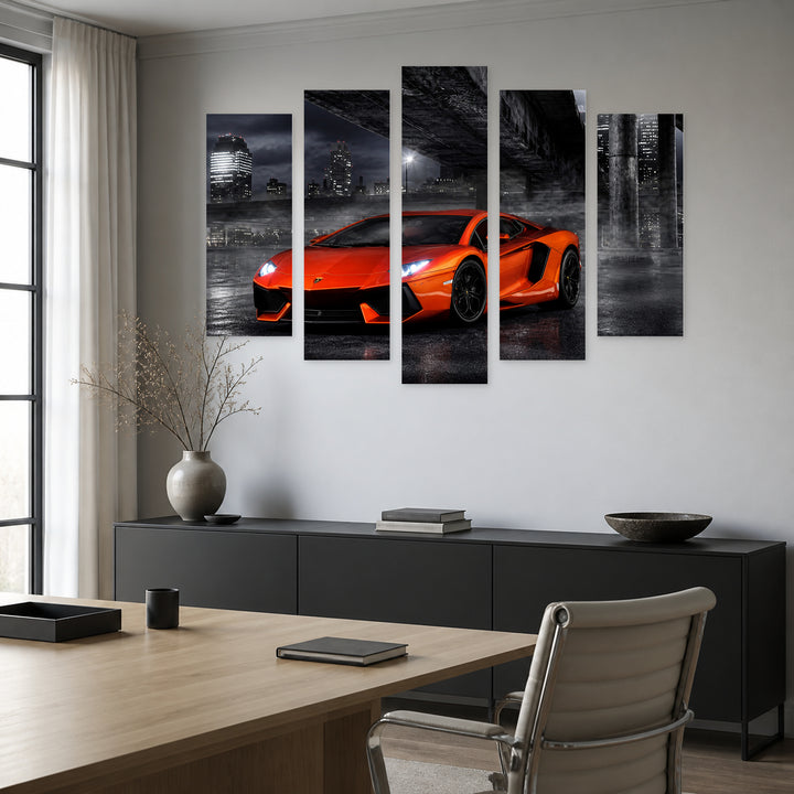 Lamborghini Aventador with Dramatic Contrast — five-panel wall art in alternate frontal interior | 5wallart 56021 M4