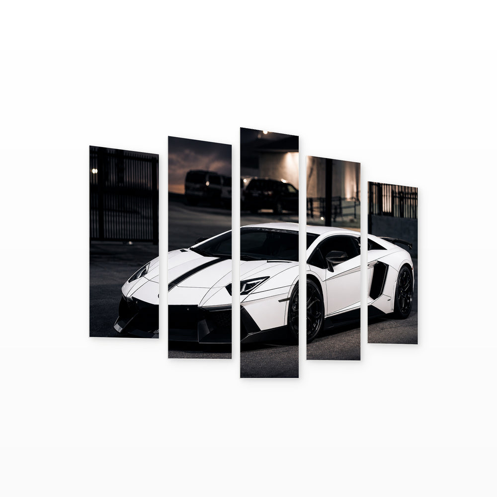 Lamborghini Aventador LP700 with Geometric Rhythm — five-panel wall art on white background in perspective | 5wallart 56031 M1