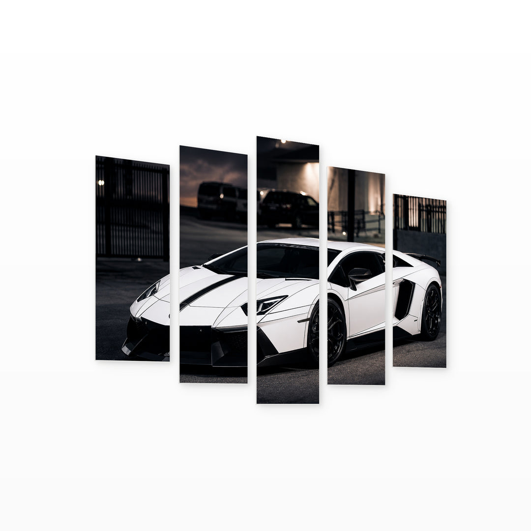 Lamborghini Aventador LP700 with Geometric Rhythm — five-panel wall art on white background in perspective | 5wallart 56031 M1