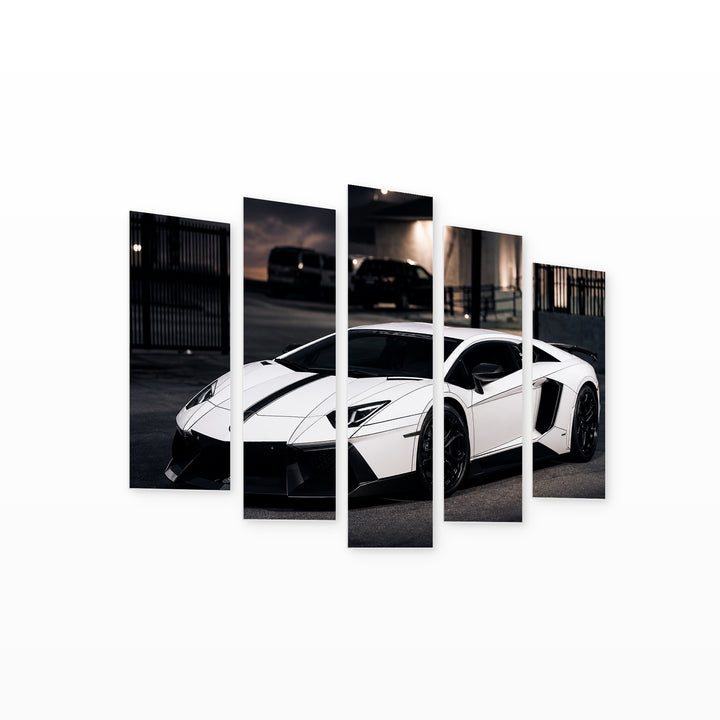 Lamborghini Aventador LP700 with Geometric Rhythm — five-panel wall art on white background in perspective | 5wallart 56031 M1