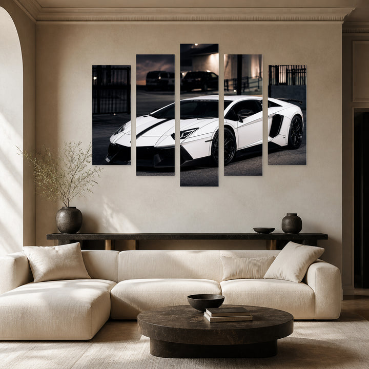 Lamborghini Aventador LP700 with Geometric Rhythm — five-panel wall art in frontal interior | 5wallart 56031 M3