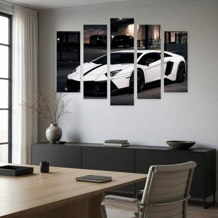 Lamborghini Aventador LP700 with Geometric Rhythm — five-panel wall art in alternate frontal interior | 5wallart 56031 M4