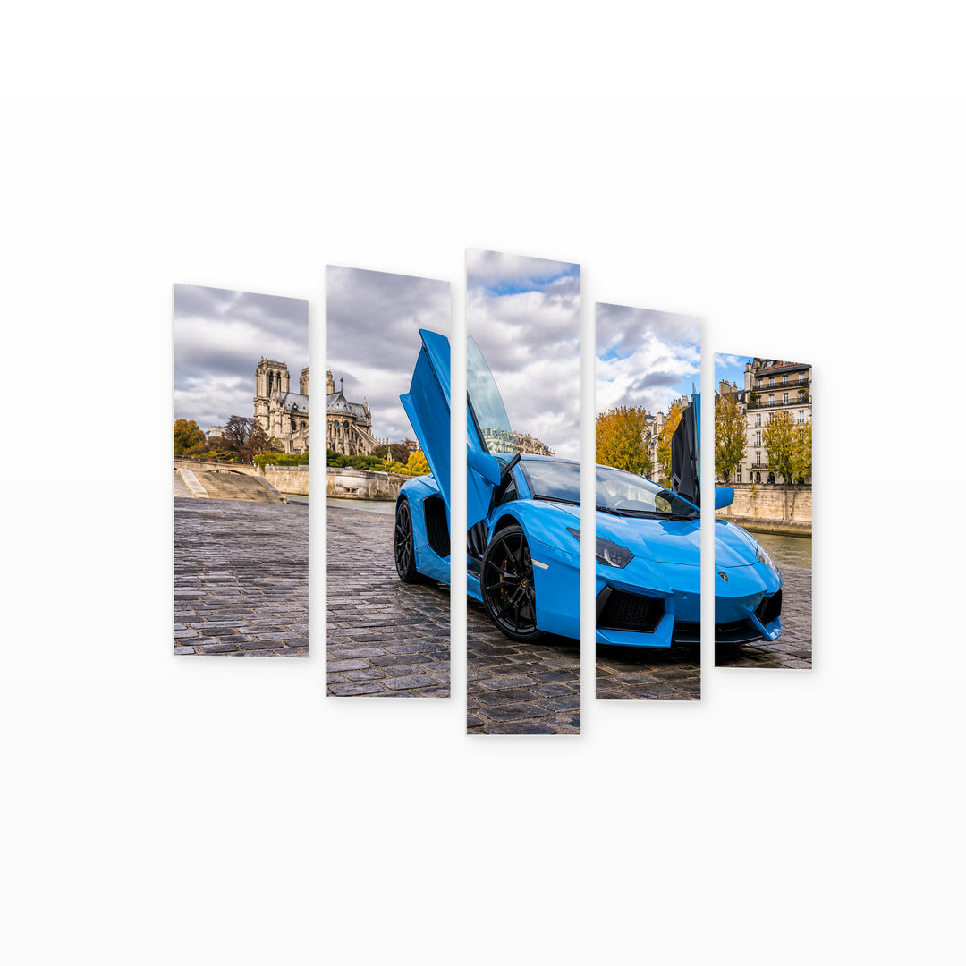 Lamborghini Aventador Sky Blue with Geometric Rhythm — five-panel wall art on white background in perspective | 5wallart 56036 M1
