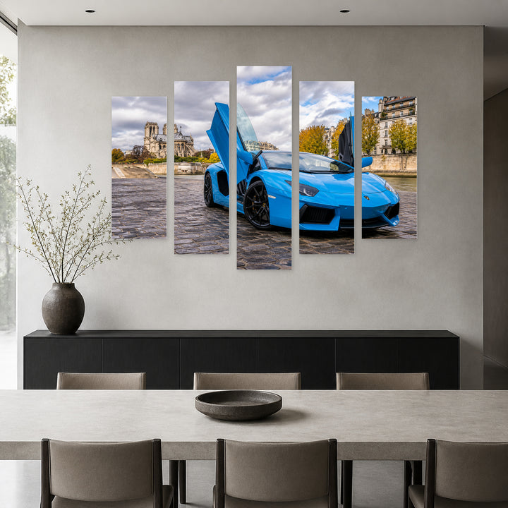 Lamborghini Aventador Sky Blue with Geometric Rhythm — five-panel wall art in frontal interior | 5wallart 56036 M3