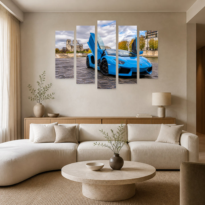 Lamborghini Aventador Sky Blue with Geometric Rhythm — five-panel wall art in alternate frontal interior | 5wallart 56036 M4