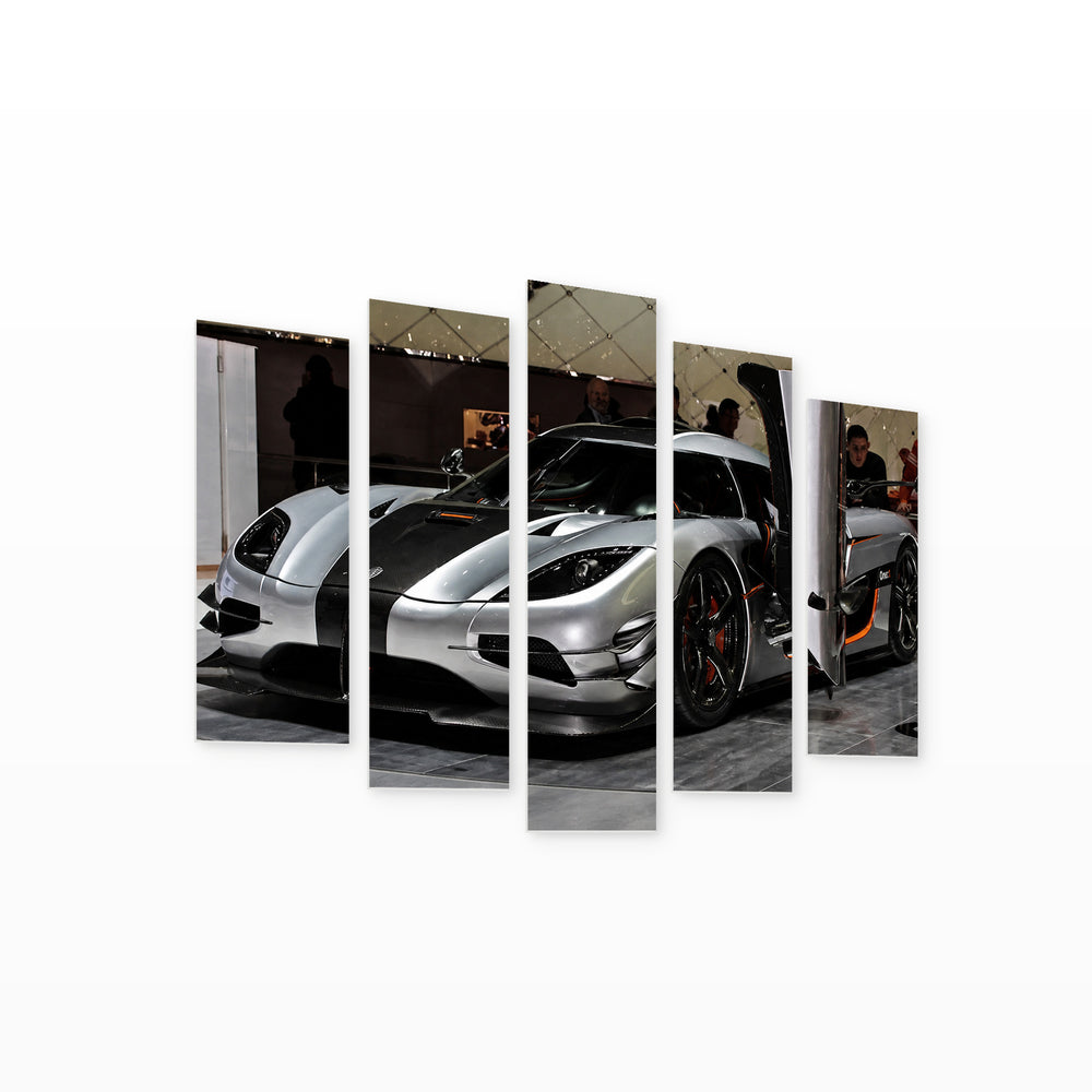Koenigsegg One with Dramatic Contrast — five-panel wall art on white background in perspective | 5wallart 56039 M1