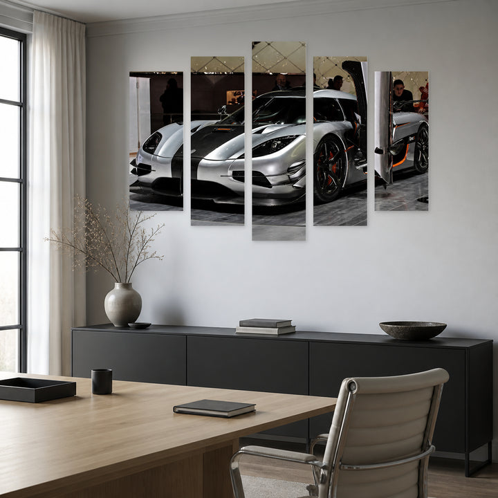 Koenigsegg One with Dramatic Contrast — five-panel wall art in alternate frontal interior | 5wallart 56039 M4