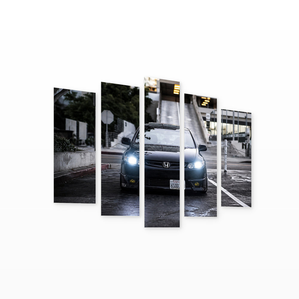 Honda Civic with Geometric Rhythm — five-panel wall art on white background in perspective | 5wallart 56040 M1