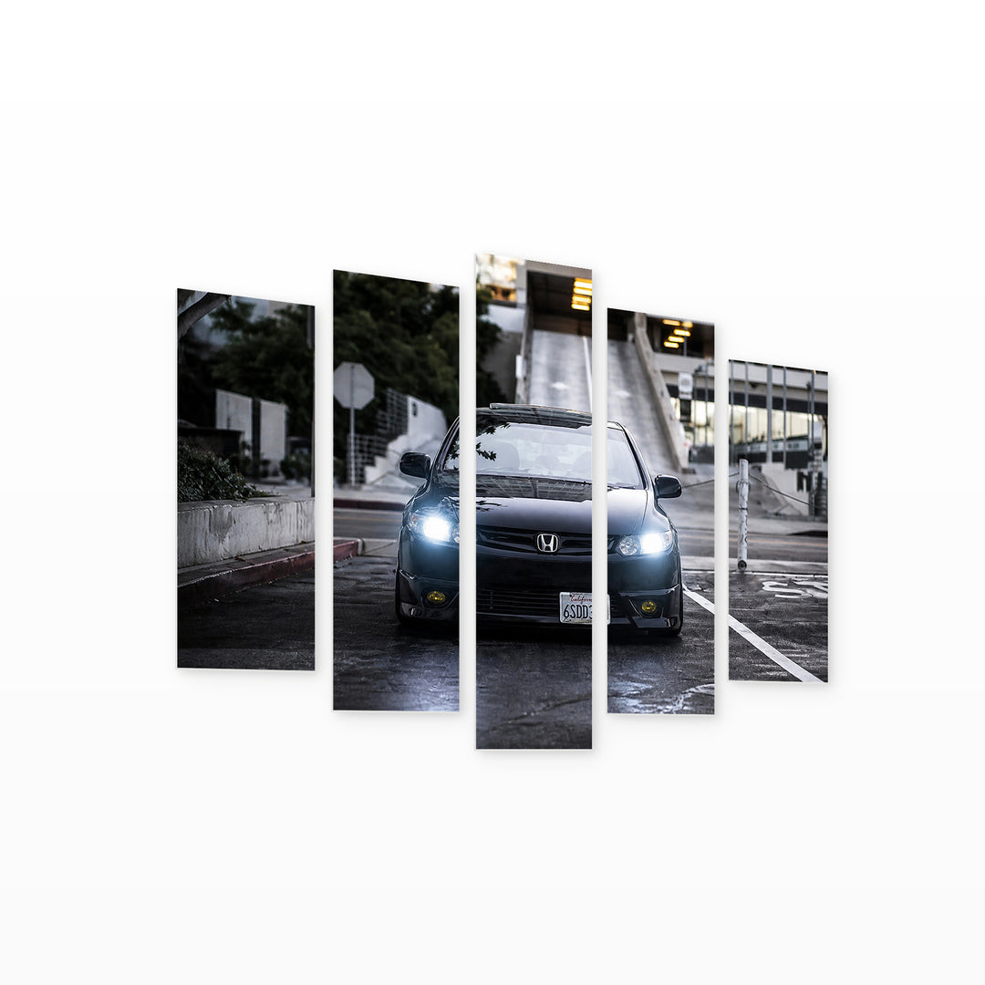 Honda Civic with Geometric Rhythm — five-panel wall art on white background in perspective | 5wallart 56040 M1
