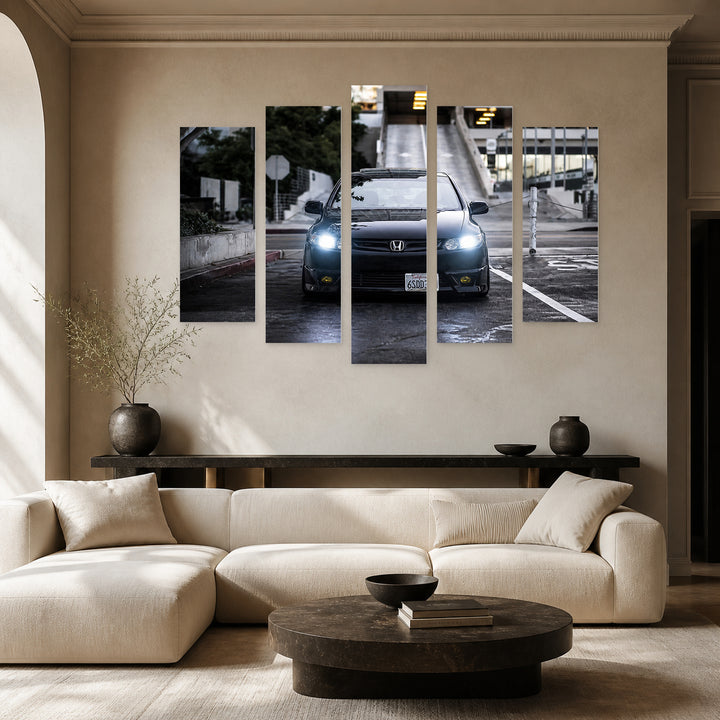 Honda Civic with Geometric Rhythm — five-panel wall art in alternate frontal interior | 5wallart 56040 M4