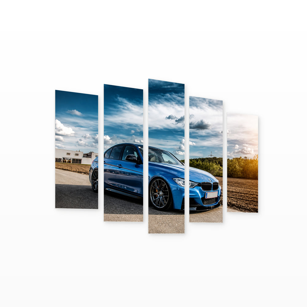 BMW 335 Blue with Dramatic Contrast — five-panel wall art on white background in perspective | 5wallart 56058 M1