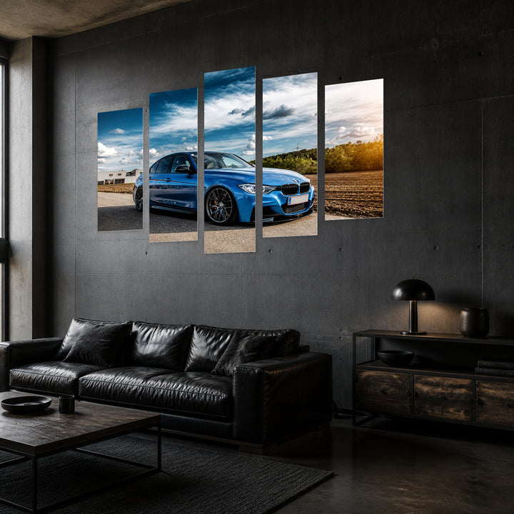 BMW 335 Blue with Dramatic Contrast — five-panel wall art in perspective interior | 5wallart 56058 M2
