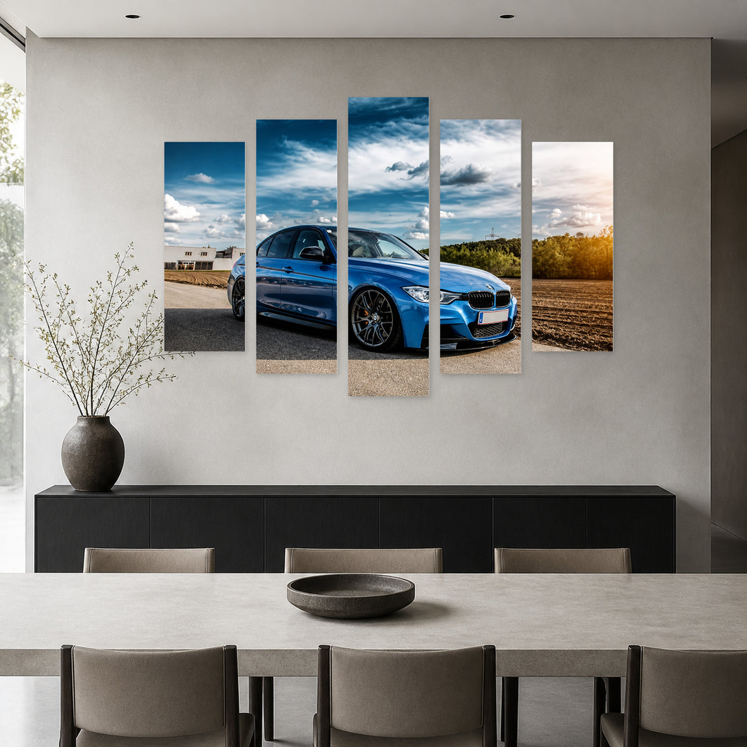 BMW 335 Blue with Dramatic Contrast — five-panel wall art in frontal interior | 5wallart 56058 M3