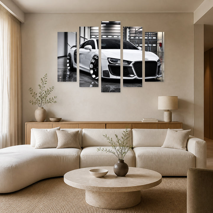 Audi R8 White in Serene Light — five-panel wall art in frontal interior | 5wallart 56067 M3