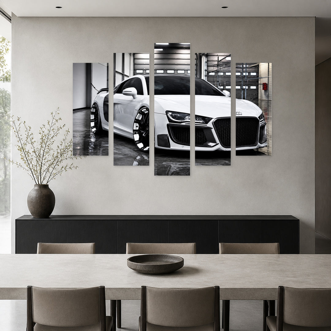 Audi R8 White in Serene Light — five-panel wall art in alternate frontal interior | 5wallart 56067 M4
