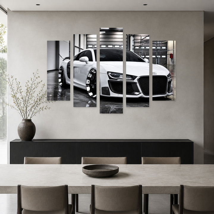 Audi R8 White in Serene Light — five-panel wall art in alternate frontal interior | 5wallart 56067 M4