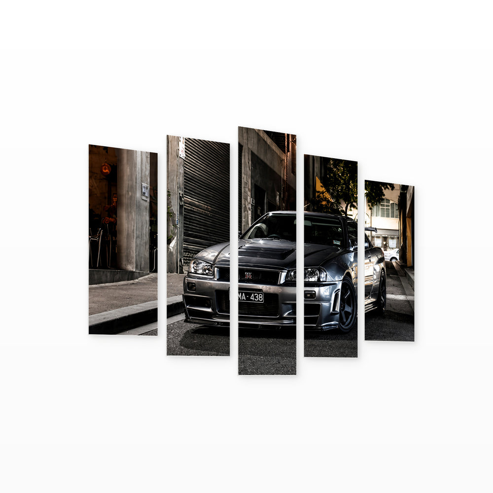 Nissan Skyline Gray Urban Panorama — five-panel wall art on white background in perspective | 5wallart 56071 M1