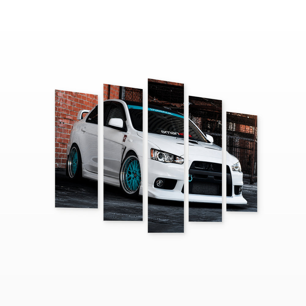 Mitsubishi Lancer Evo 10 with Geometric Rhythm — five-panel wall art on white background in perspective | 5wallart 56072 M1