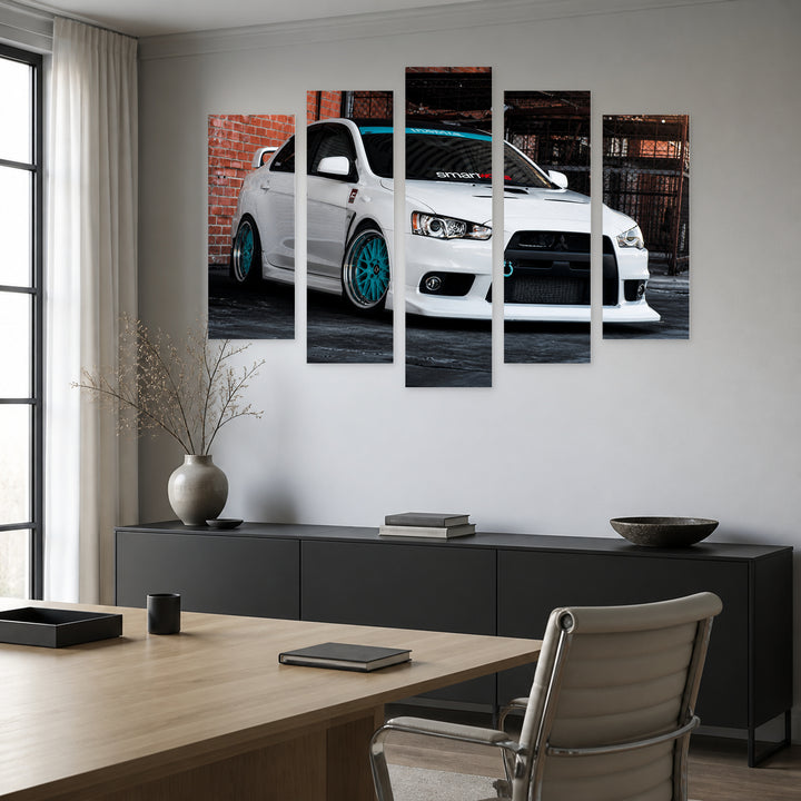 Mitsubishi Lancer Evo 10 with Geometric Rhythm — five-panel wall art in frontal interior | 5wallart 56072 M3
