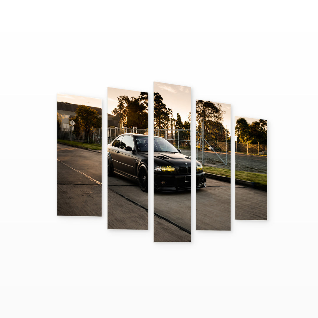 BMW M3 E46 with Geometric Rhythm — five-panel wall art on white background in perspective | 5wallart 56075 M1