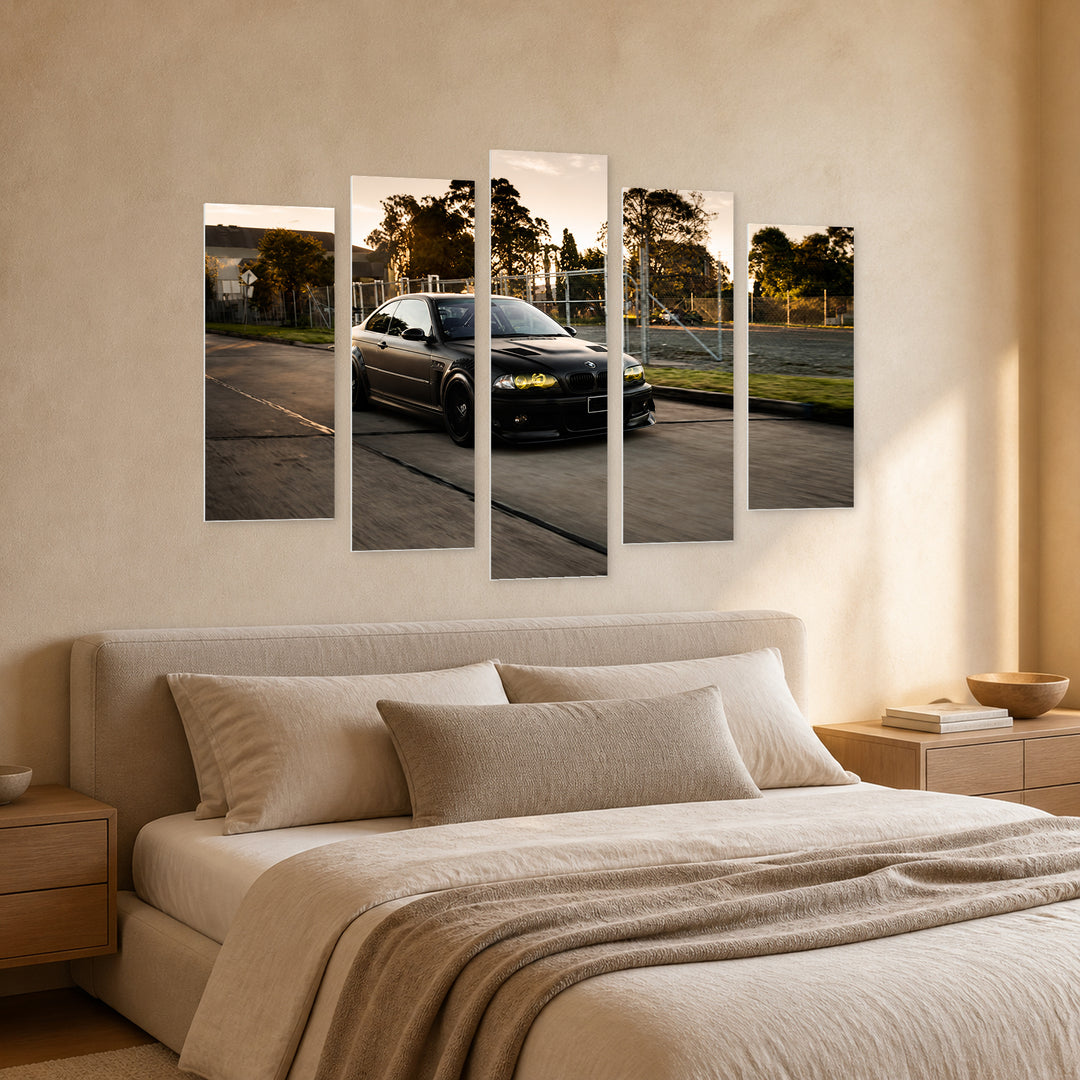 BMW M3 E46 with Geometric Rhythm — five-panel wall art in perspective interior | 5wallart 56075 M2