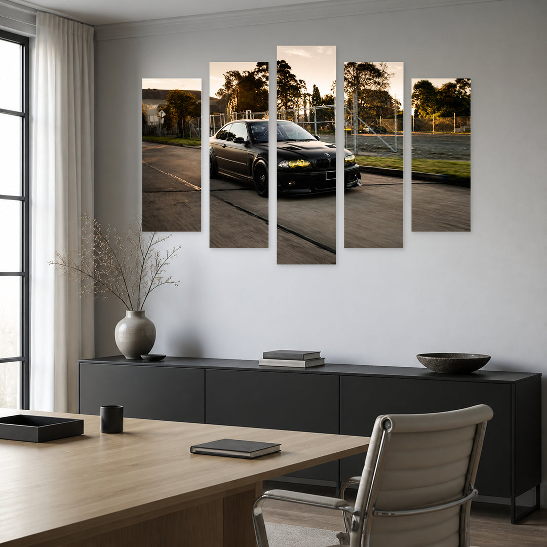 BMW M3 E46 with Geometric Rhythm — five-panel wall art in alternate frontal interior | 5wallart 56075 M4
