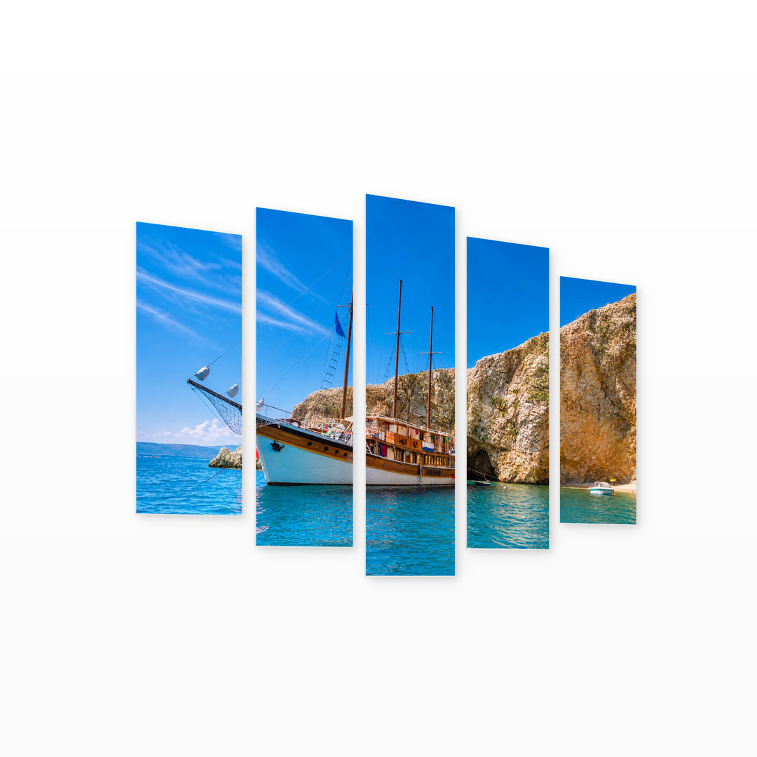 Vintage Sailboat in a Bay Coastal Panorama — five-panel wall art on white background in perspective | 5wallart 56076 M1