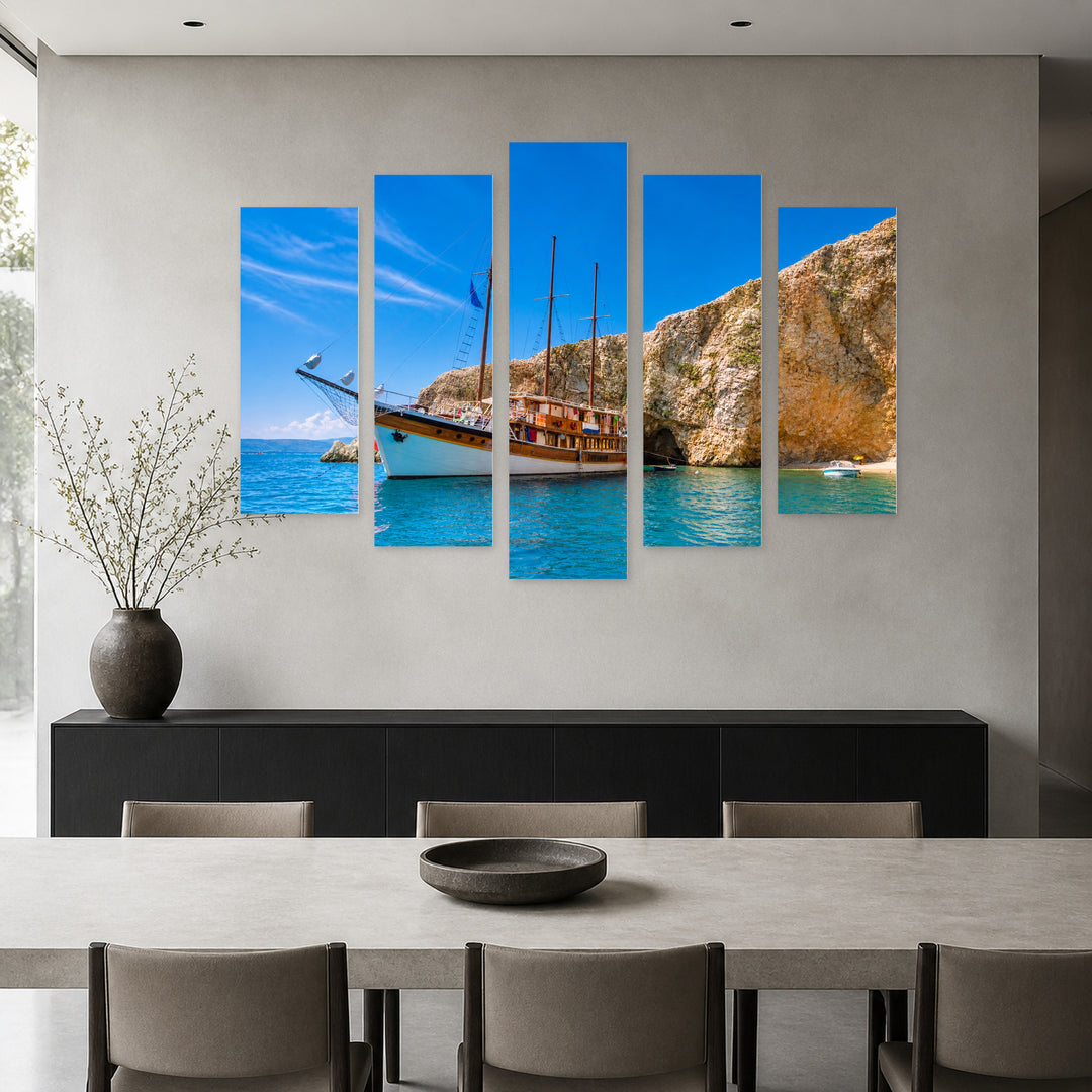 Vintage Sailboat in a Bay Coastal Panorama — five-panel wall art in frontal interior | 5wallart 56076 M3