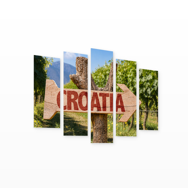 Wooden Croatia Sign in Serene Light — five-panel wall art on white background in perspective | 5wallart 56078 M1
