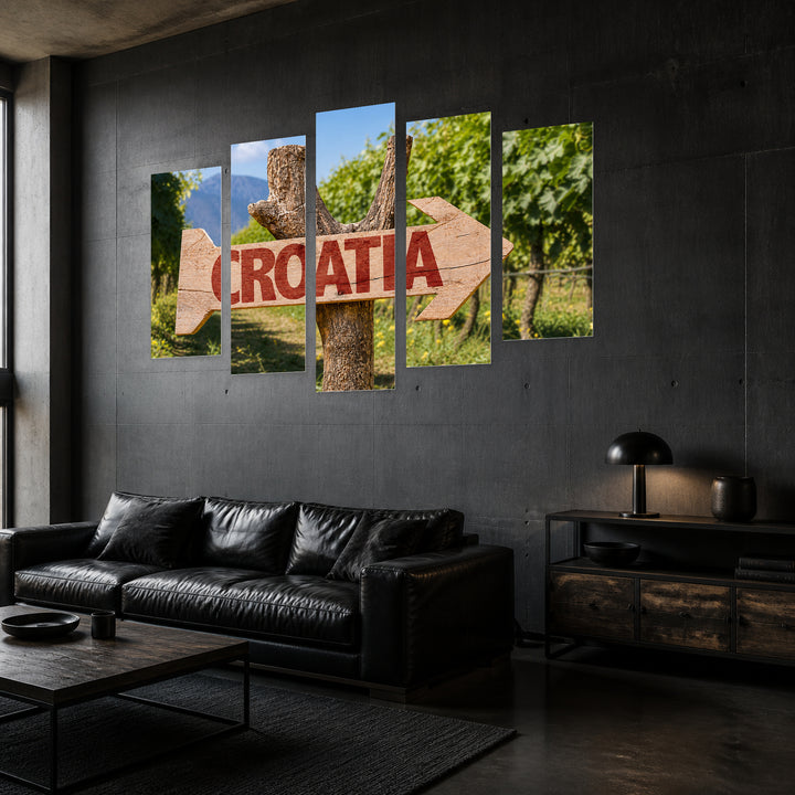 Wooden Croatia Sign in Serene Light — five-panel wall art in perspective interior | 5wallart 56078 M2