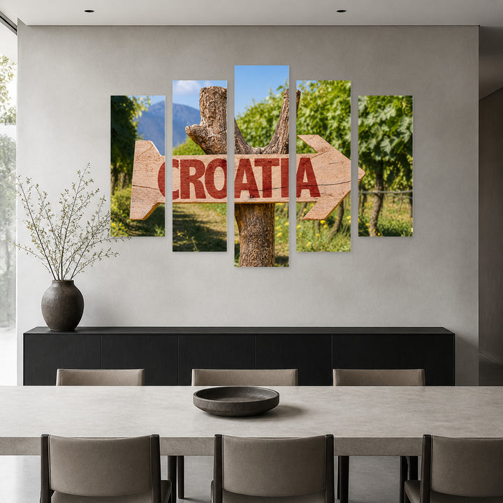 Wooden Croatia Sign in Serene Light — five-panel wall art in frontal interior | 5wallart 56078 M3