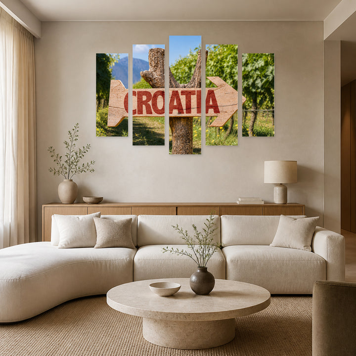 Wooden Croatia Sign in Serene Light — five-panel wall art in alternate frontal interior | 5wallart 56078 M4