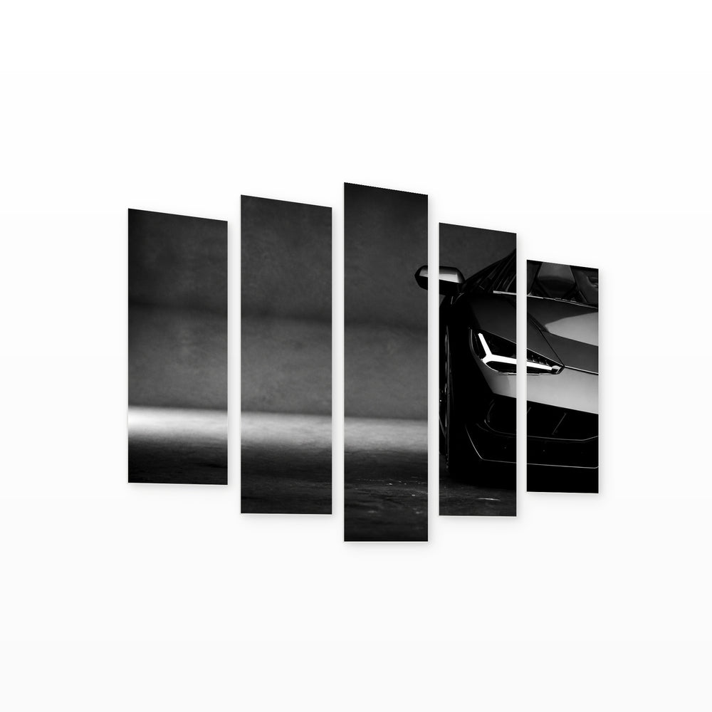 Black and White Sports Car with Dramatic Contrast — five-panel wall art on white background in perspective | 5wallart 56080 M1