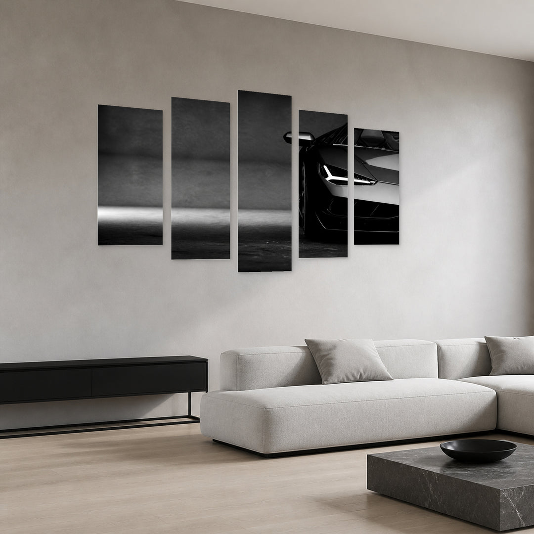 Black and White Sports Car with Dramatic Contrast — five-panel wall art in perspective interior | 5wallart 56080 M2