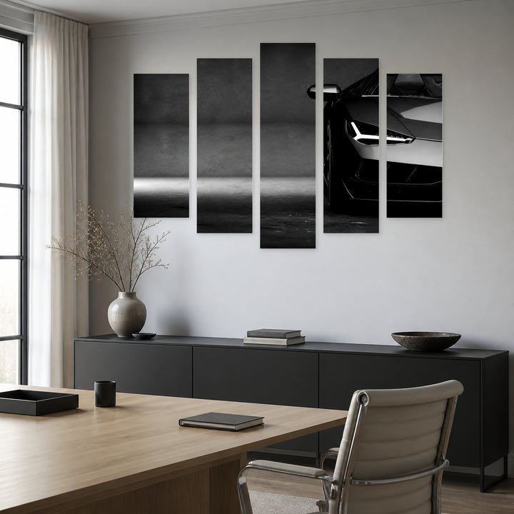Black and White Sports Car with Dramatic Contrast — five-panel wall art in frontal interior | 5wallart 56080 M3