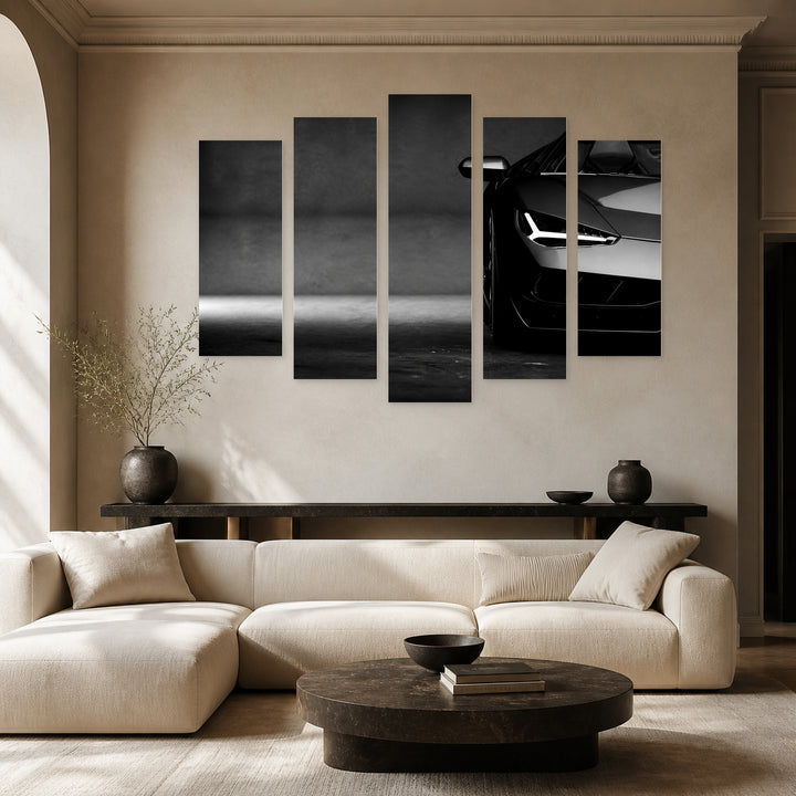 Black and White Sports Car with Dramatic Contrast — five-panel wall art in alternate frontal interior | 5wallart 56080 M4