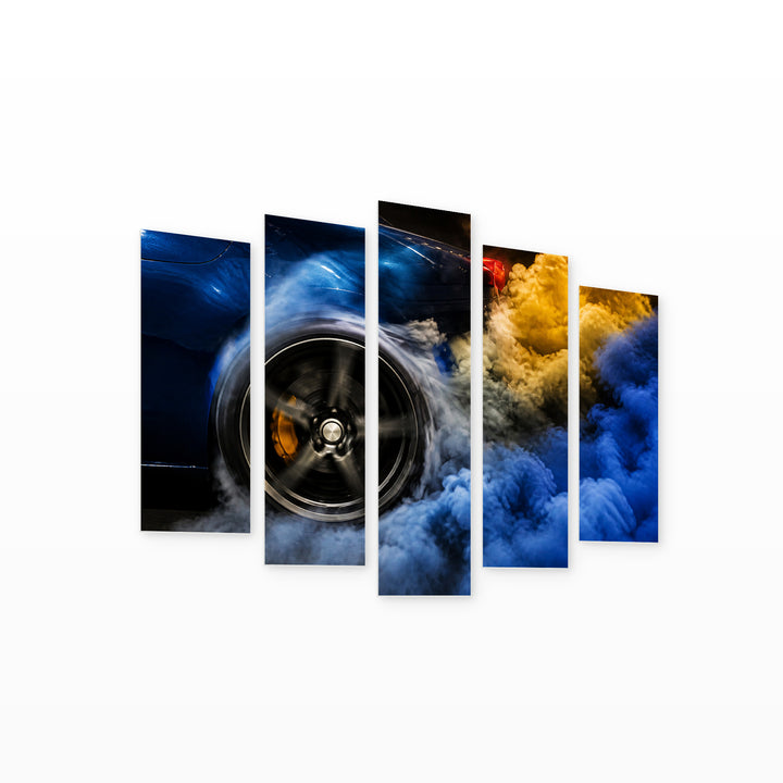 Tire Smoke in Blue and Gold — five-panel wall art on white background in perspective | 5wallart 56084 M1