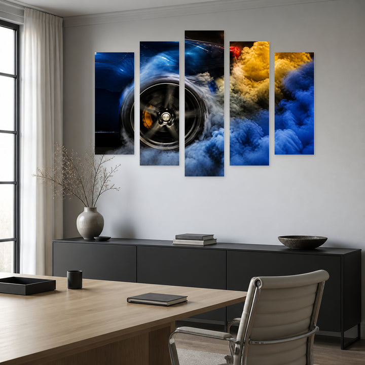 Tire Smoke in Blue and Gold — five-panel wall art in frontal interior | 5wallart 56084 M3