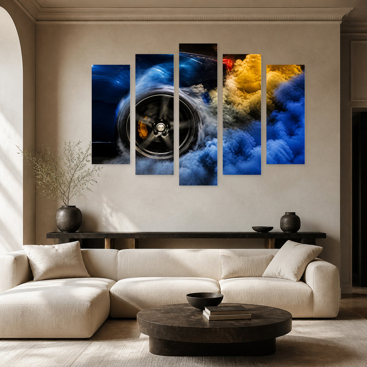 Tire Smoke in Blue and Gold — five-panel wall art in alternate frontal interior | 5wallart 56084 M4