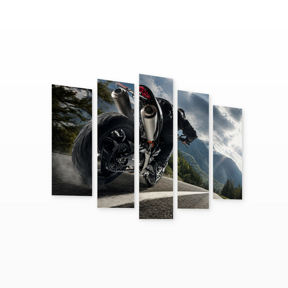 Racing Motorcycle with Dramatic Contrast — five-panel wall art on white background in perspective | 5wallart 56085 M1
