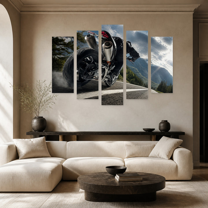 Racing Motorcycle with Dramatic Contrast — five-panel wall art in frontal interior | 5wallart 56085 M3