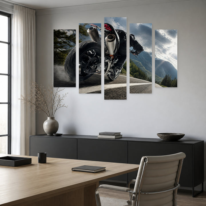 Racing Motorcycle with Dramatic Contrast — five-panel wall art in alternate frontal interior | 5wallart 56085 M4