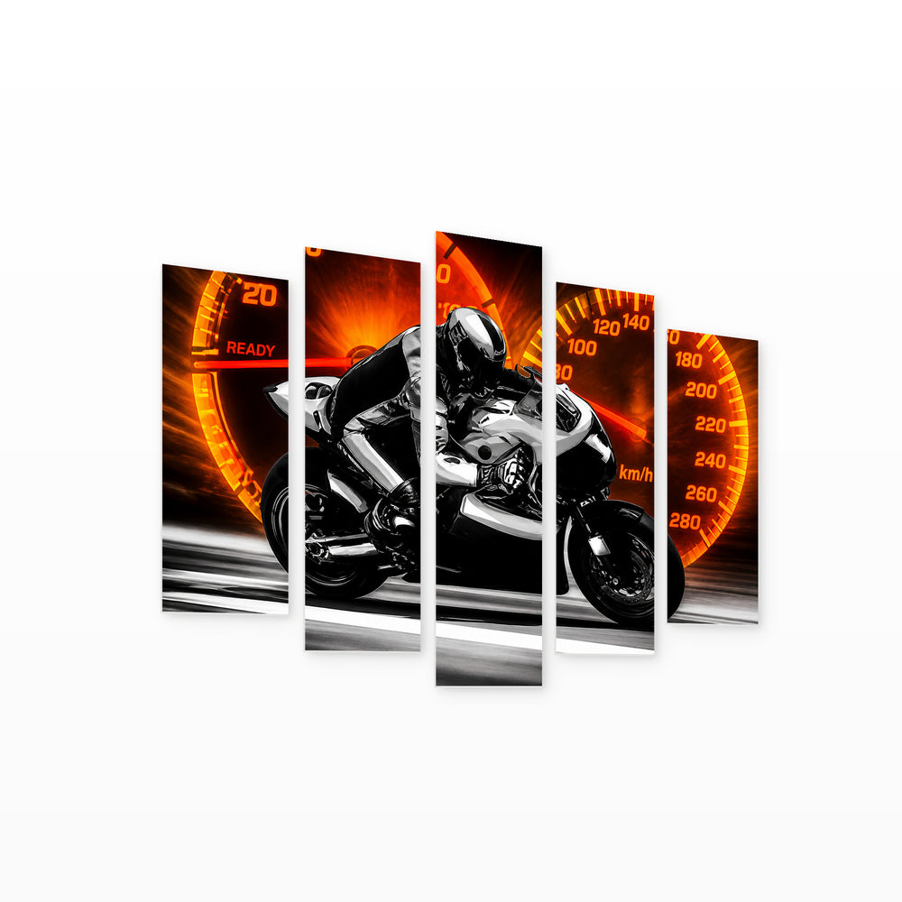 Racing Motorcycle and Tachometer Motion Study — five-panel wall art on white background in perspective | 5wallart 56087 M1