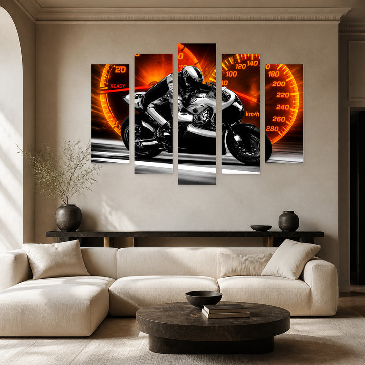 Racing Motorcycle and Tachometer Motion Study — five-panel wall art in frontal interior | 5wallart 56087 M3