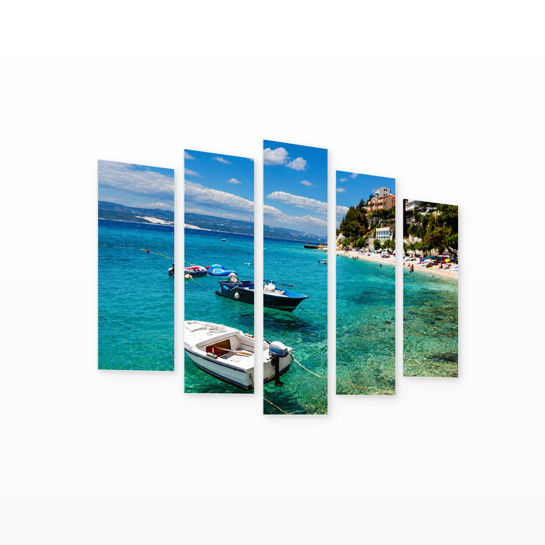 Motorboats in a Bay Near Split Coastal Panorama — five-panel wall art on white background in perspective | 5wallart 56089 M1