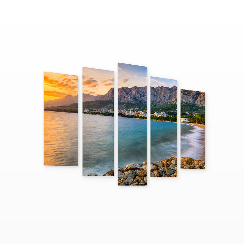 Golden Sunset over Famous Croatian Riviera — five-panel wall art on white background in perspective | 5wallart 56090 M1