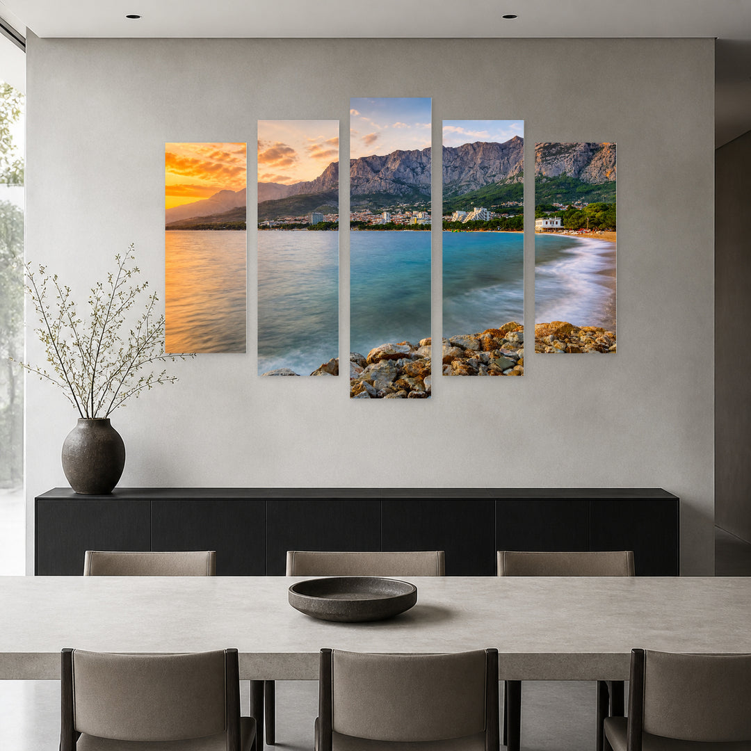Golden Sunset over Famous Croatian Riviera — five-panel wall art in frontal interior | 5wallart 56090 M3