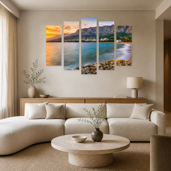 Golden Sunset over Famous Croatian Riviera — five-panel wall art in alternate frontal interior | 5wallart 56090 M4